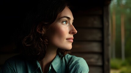 Fototapeta premium Close up profile of woman sitting outside a forest cabin gentle natural lighting pine trees in background thoughtful expression remote work inspiration