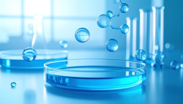 Laboratory scene with bubbling liquid and molecules