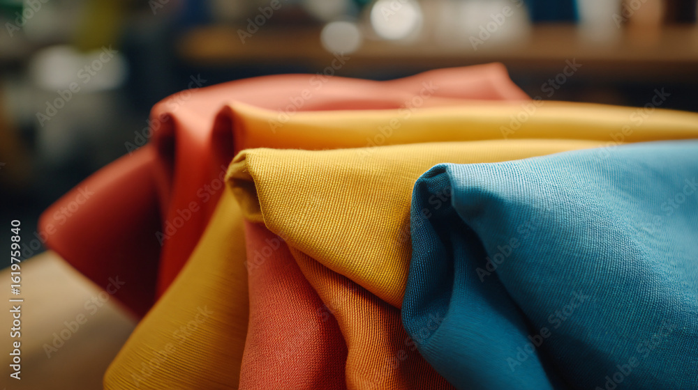 Poster neatly folded cloth on a table displaying texture and color under natural light in a cozy setting