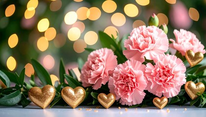 Happy Mother's Day card with pink carnations and gold hearts on greenery
