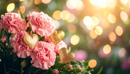 Happy Mother's Day card with pink carnations and gold hearts on greenery