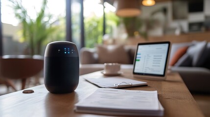 Modern Still Life of Smart Speaker on Wooden Table in Living Room