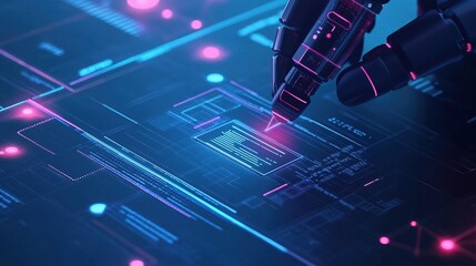 Futuristic Robot Hand Drawing Code on Digital Interface Technology Concept