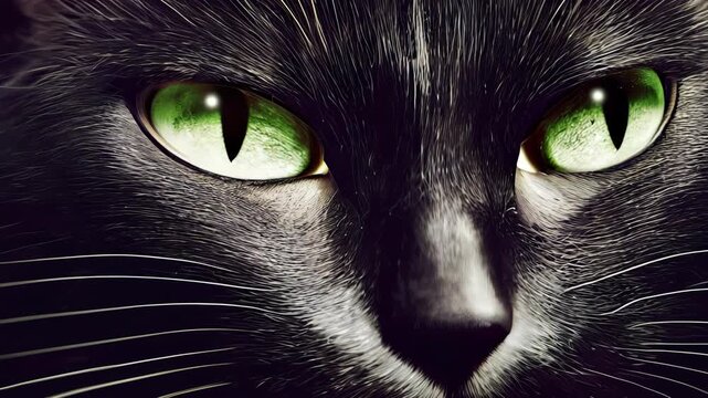A scary cat look from close up on a black background. Halloween themes and horror atmosphere. It looks like a panther with witch eyes. It is unfortunate and superstitious.