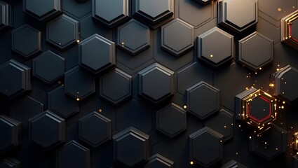 A dynamic 3D abstract background featuring a dark, textured hexagonal pattern, with some hexagons highlighted by glowing edges and scattered light particles