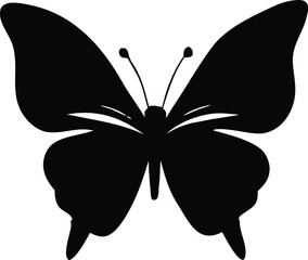 Elegant black silhouette of a butterfly with detailed wing patterns against a white background
