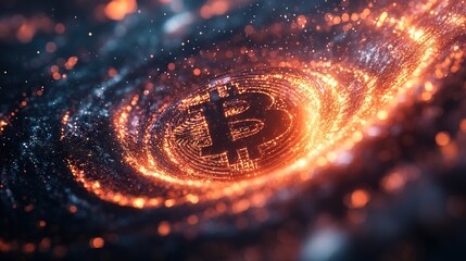 Abstract Glowing Digital Bitcoin Symbol with Swirling Light Background
