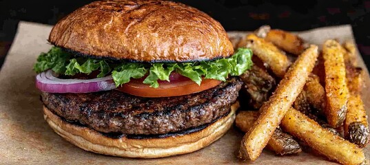 Flame Grilled Burger Delight, Juicy Beef Patty on Toasted Bun with Crispy Fries and Fresh Toppings