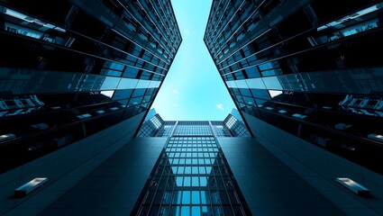 A striking low-angle perspective of two tall, modern glass skyscrapers reaching towards a clear blue sky