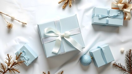 A beautiful flat lay of pale blue gift boxes with white and light blue ribbons, adorned with subtle winter foliage, decorative branches