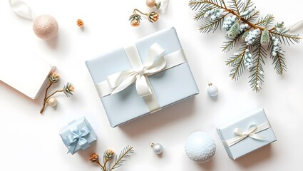 A beautiful flat lay of pale blue gift boxes with white and light blue ribbons, adorned with subtle winter foliage, decorative branches