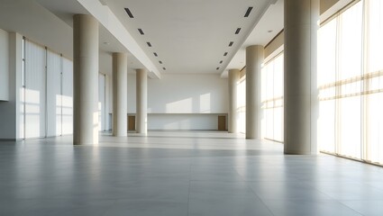 A spacious, modern room featuring high ceilings and a gray floor. Several massive circular columns extend from floor to ceiling.