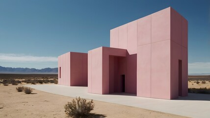 A minimalist architectural structure in a striking pink hue, featuring curved forms and round columns supporting a vaulted ceiling.