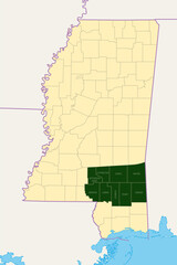 Pine Belt, or Piney Woods, a region in Southeast Mississippi, political map. The region includes nine counties, highlighted in dark green, and get its name from longleaf pine trees, that are abundant.