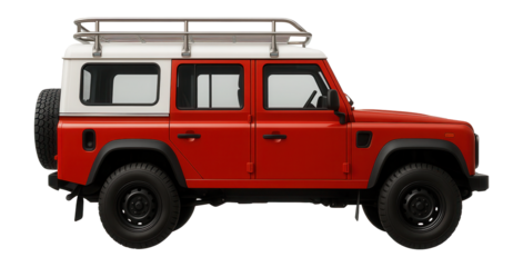 Red and white rural patrol 4x4 with off-road tires and a roof cargo rack
