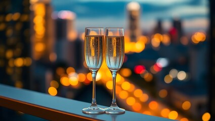  Two elegant flutes filled with sparkling champagne stand on a balcony railing. In the blurred background, a vibrant city at night is visible