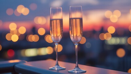  Two elegant flutes filled with sparkling champagne stand on a balcony railing. In the blurred background, 
