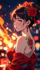 Elegant anime girl in a red kimono with a flower tattoo, looking back at a vibrant night festival.