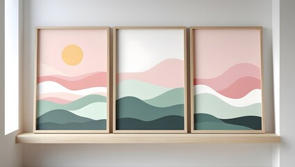 A light wooden shelf is mounted on a white wall, displaying three identical rectangular artworks in thin wooden frames.