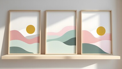 A light wooden shelf is mounted on a white wall, displaying three identical rectangular artworks in thin wooden frames.
