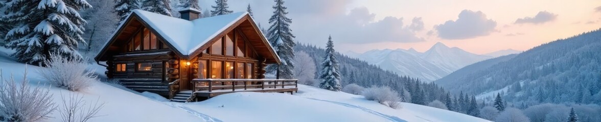 Cozy cabin nestled in a snowy landscape, perfect for a winter retreat Large windows offer stunning views of frosted trees and a tranquil atmosphere , frosted, holiday, rustic