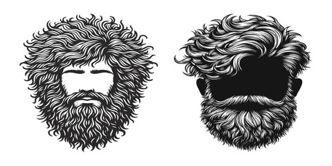 Monochrome bearded face art portraits, sketch bold hairy faces, curly beard and hair illustration.