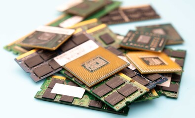 Close-up of various computer microchips and processors on a light blue background