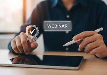 Person attending a webinar and confirming attendance with a digital checkmark