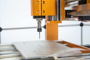 Close-up of a CNC milling machine in operation with a drill bit and metal workpiece in a modern workshop