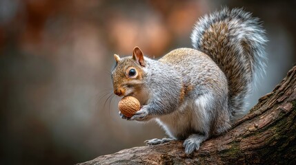 Obraz premium Gray squirrel holding a nut on a branch