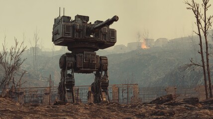 Sentry robot with cannon stands guard at steel gates in scorched terrain