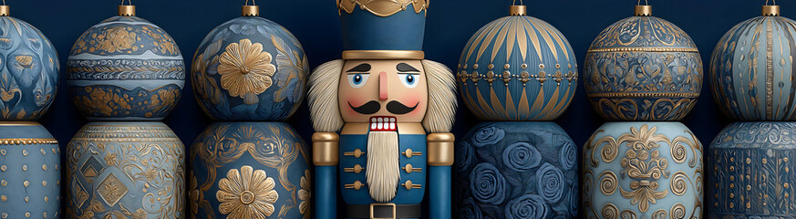 Row of blue and gold christmas decorations with nutcracker soldiers with ornate festive designs lined up against a dark blue background for seasonal banner. 