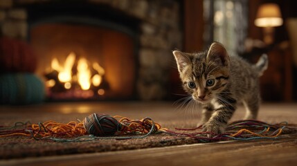 Cozy kitten explores yarn near fireplace