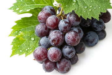 Close-up of red grapes bunch with water drops on white background, fresh fruit, healthy food, vine, vineyard, organic produce, nature.