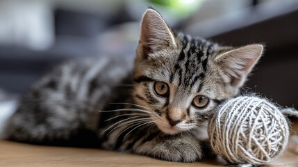 Close-up of a tabby kitten with a ball of yarn