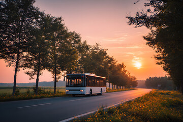 Obraz premium White bus traveling on the asphalt road around line of trees in rural landscape at sunset