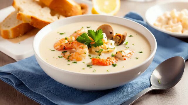 Creamy seafood chowder with shrimp and clams garnished with parsley.