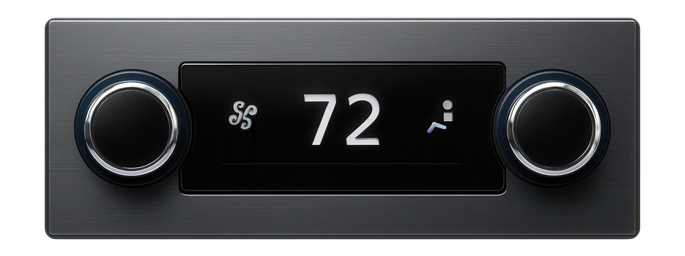 Digital climate control panel with LCD display and rotary knobs
