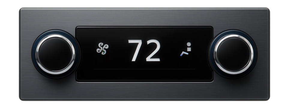 Digital climate control panel with LCD display and rotary knobs