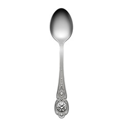 Elegant silver spoon with ornate handle. This elegant vintage cutlery is shiny.
