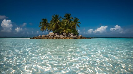 Peaceful tropical coastline with turquoise ocean and lush palm trees