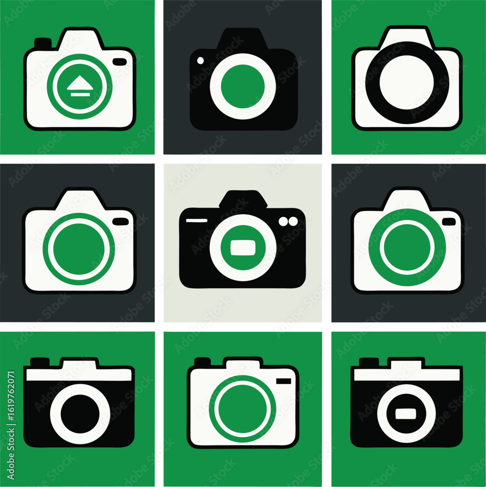 Poster a grid of nine stylized camera icons featuring various designs and color combinations on green and g