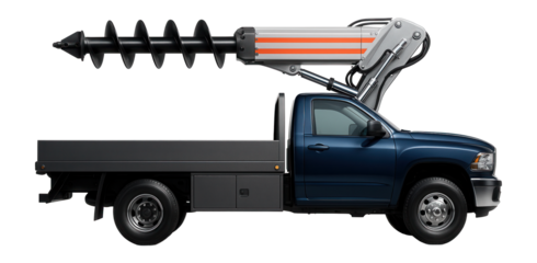 Heavy-duty flatbed truck with mounted auger and hydraulic lift system