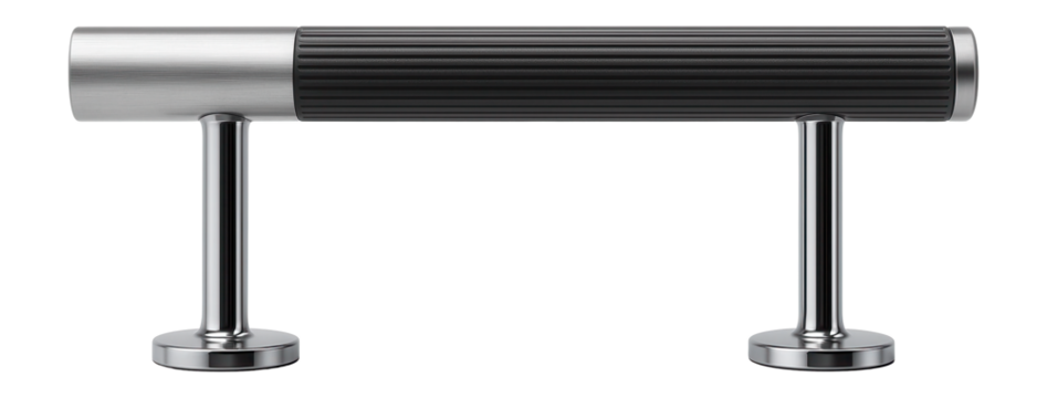 Aluminum handrail with a grooved grip surface and vertical supports