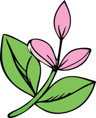 A delicate illustration of a sprouting plant with vibrant green leaves and soft pink buds symbolizing new growth and natural beauty