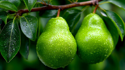 Juicy Green Pears Hanging on a Branch