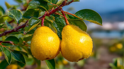 Two Juicy Yellow Pears on a Branch