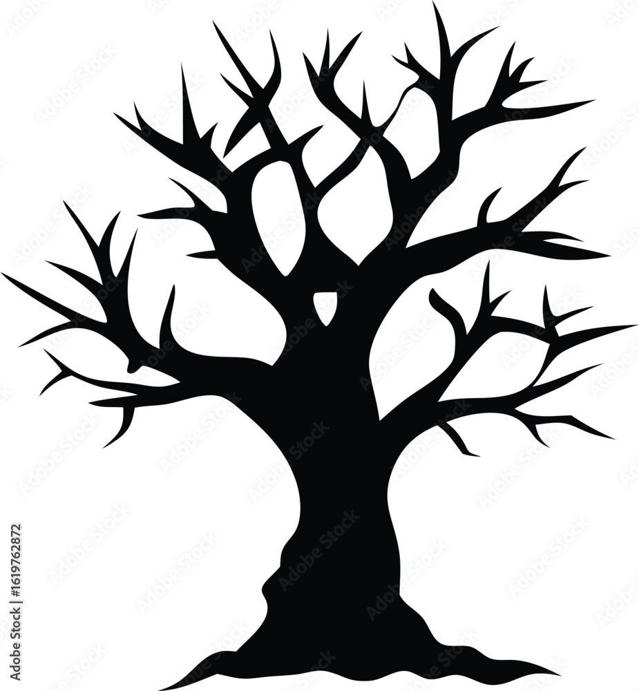 Poster silhouette of a gnarled bare deciduous tree with intricate branching patterns against a stark white 