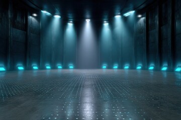 Ai generated image of empty stage with dramatic blue spotlights and atmospheric haze