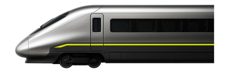 Express train with a streamlined silver body on a platform with safety barriers
